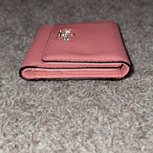 Kate Spade Pebbled Leather Trifold Coral Pink Salmon Wallet w Striped Lining - Picture 7 of 16